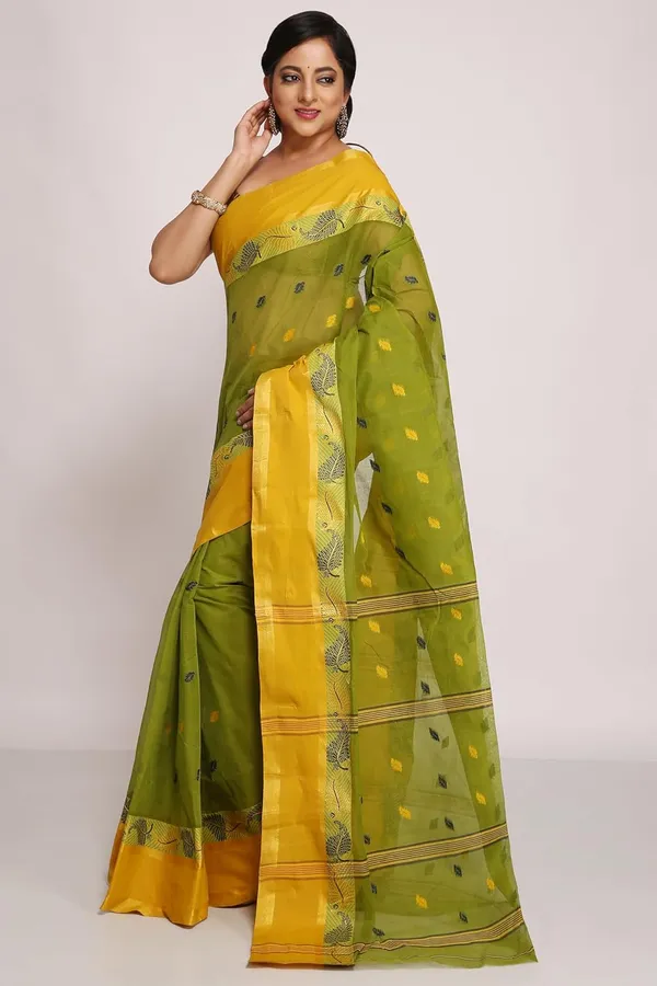 Olive_Green_Pure_Cotton_Bengali_Saree_Without_Blouse_Piece_For_Women