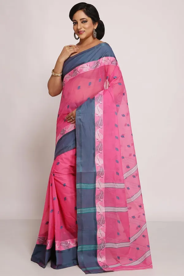 Pink_Pure_Cotton_Bengali_Saree_Without_Blouse_Piece_For_Women