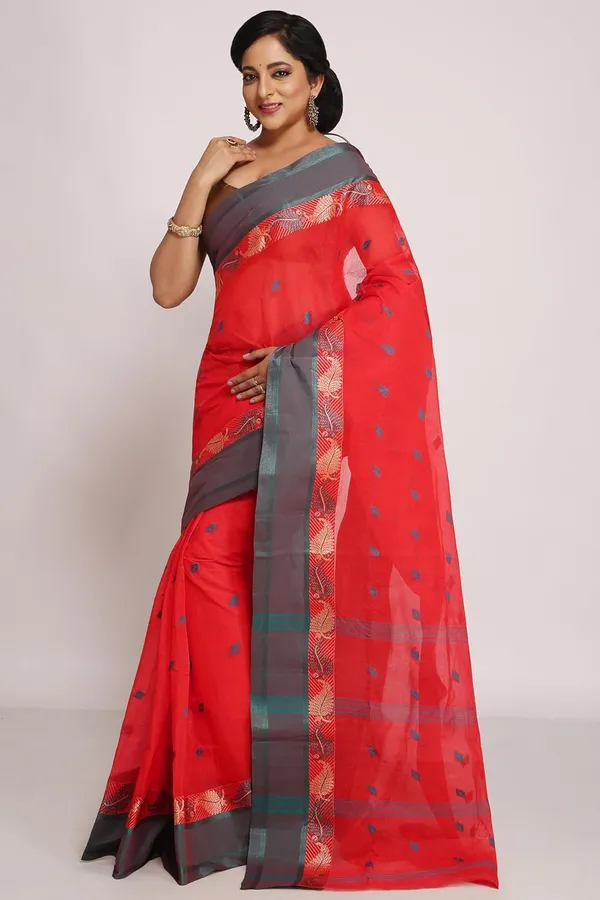 Rose_Red_Pure_Cotton_Bengali_Saree_Without_Blouse_Piece_For_Women
