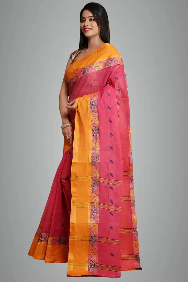 Pink_Pure_Cotton_Bengali_Saree_Without_Blouse_Piece_For_Women