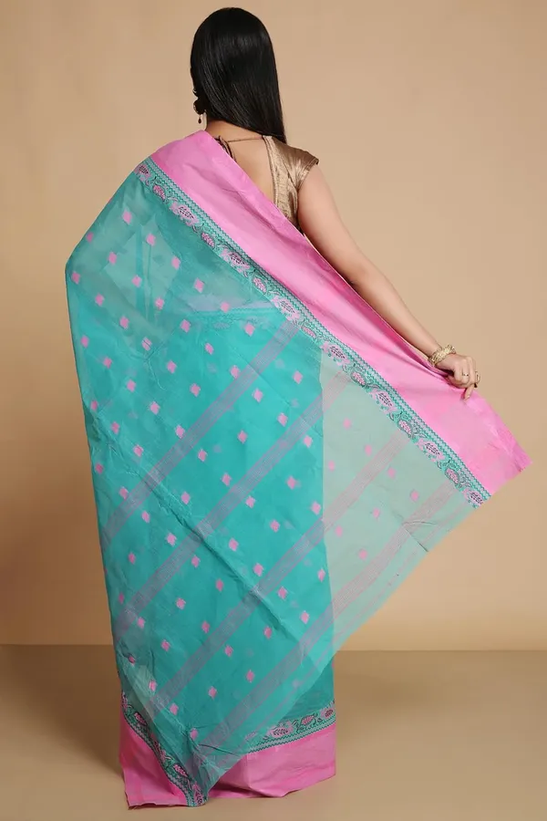 Blue__Pure_Cotton_Bengali_Saree_Without_Blouse_Piece_For_Women