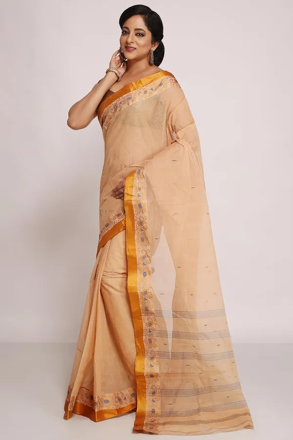 Beige_Pure_Cotton_Saree_Designer_Velvet_Border_Without_Blouse_Piece_For_Women