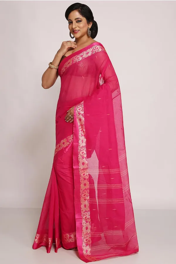 Pink_Pure_Cotton_Saree_Designer_Velvet_Border_Without_Blouse_Piece_For_Women
