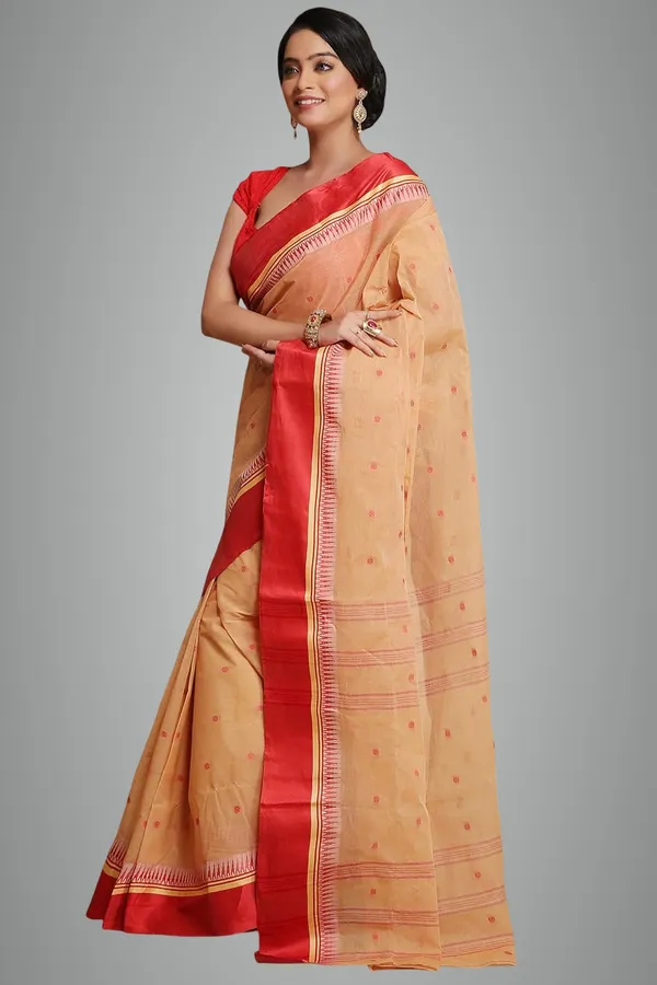 Beige_Pure_Cotton_Bengali_Saree_With_Velvet_Solid_Border_For_Women