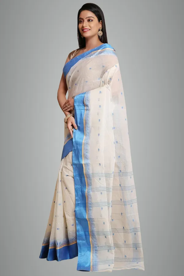 White_Pure_Cotton_Bengali_Saree_With_Velvet_Solid_Border_For_Women