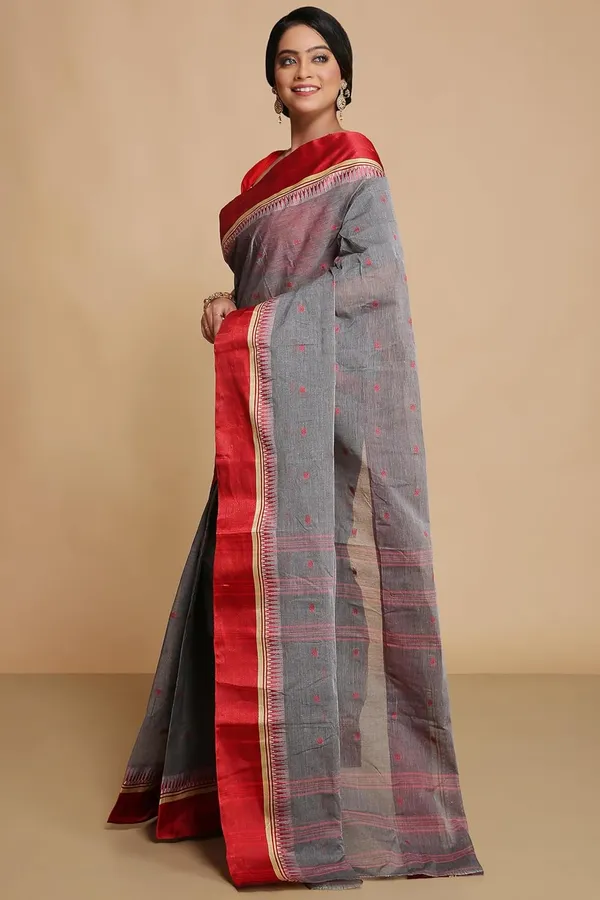 Grey_Pure_Cotton_Bengali_Saree_With_Velvet_Solid_Border_For_Women