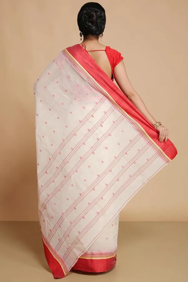 White_&_Red_Pure_Cotton_Bengali_Saree_With_Elegant_Velvet_Solid_Border_Traditional_55_Meter_Ethnic_Saree_Festive_Casual_Wear_For_Women