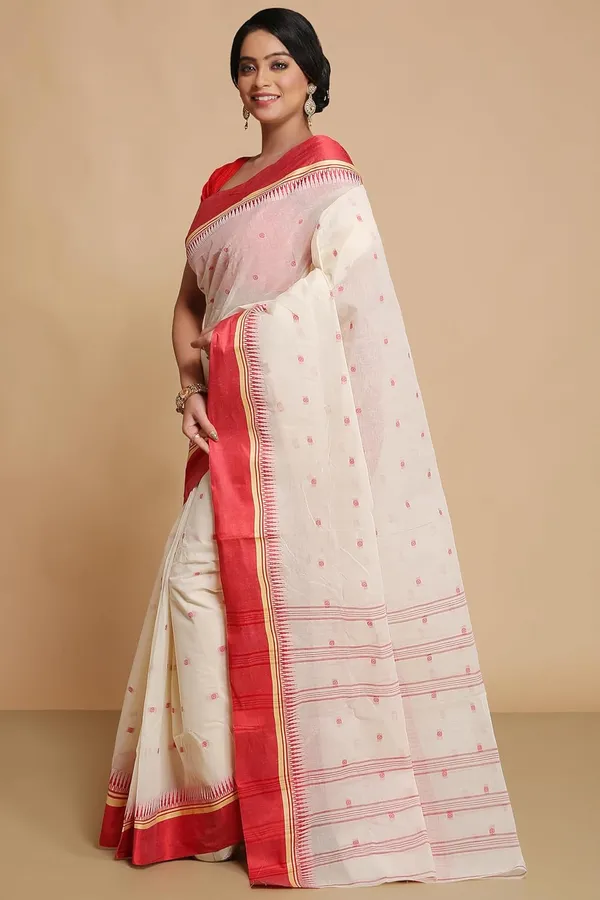 White_&_Red_Pure_Cotton_Bengali_Saree_With_Elegant_Velvet_Solid_Border_Traditional_55_Meter_Ethnic_Saree_Festive_Casual_Wear_For_Women