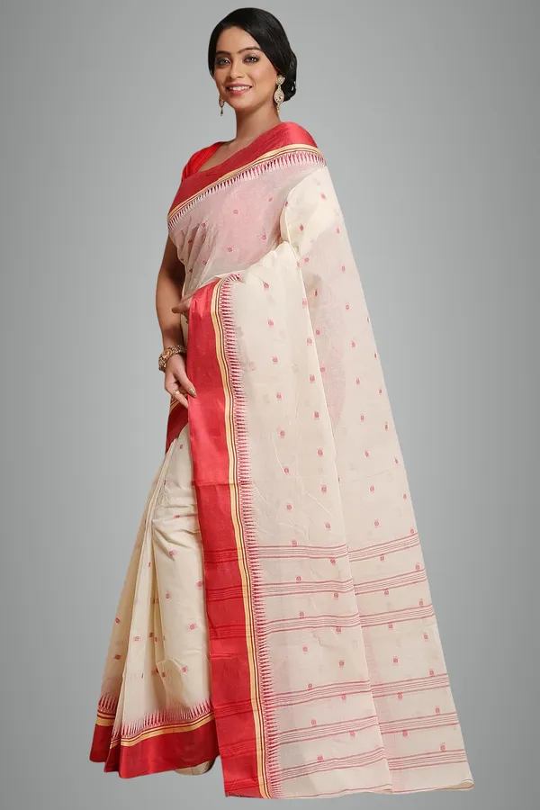 White_&_Red_Pure_Cotton_Bengali_Saree_With_Elegant_Velvet_Solid_Border_Traditional_55_Meter_Ethnic_Saree_Festive_Casual_Wear_For_Women