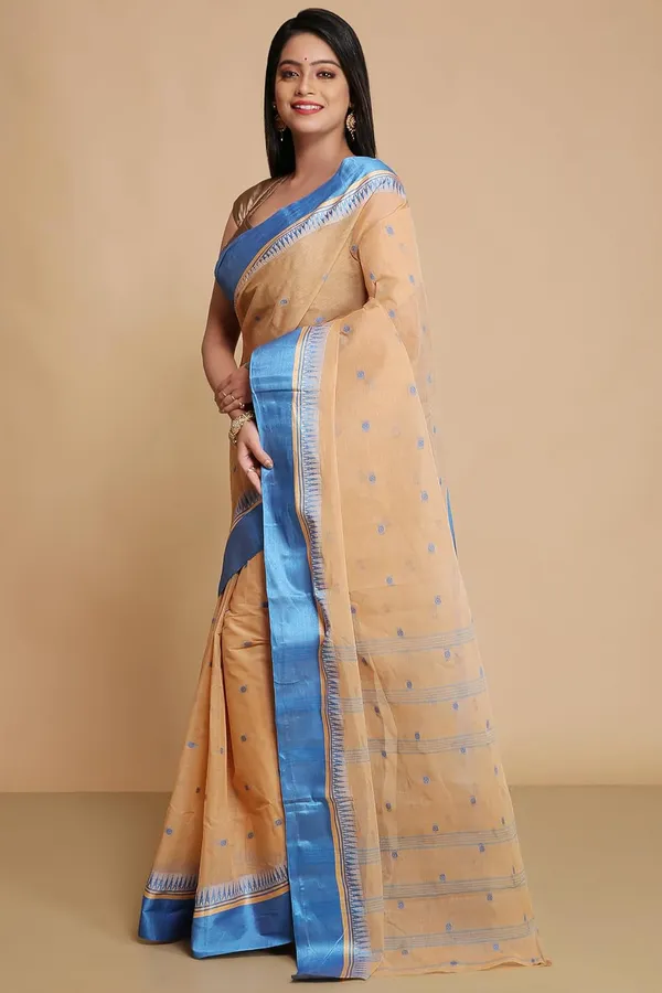 Light_Beige_Pure_Cotton_Bengali_Saree_With_Velvet_Solid_Border_For_Women