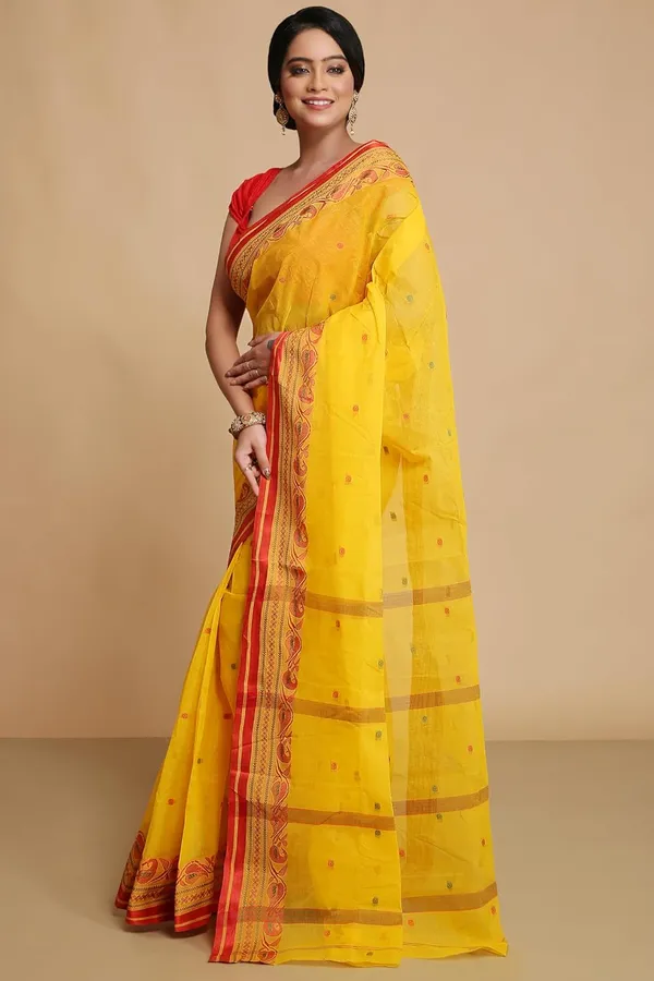 Yellow_Pure_Cotton_Saree_All_Over_Buti_Work_With_Velvet_Designer_Border_For_Women