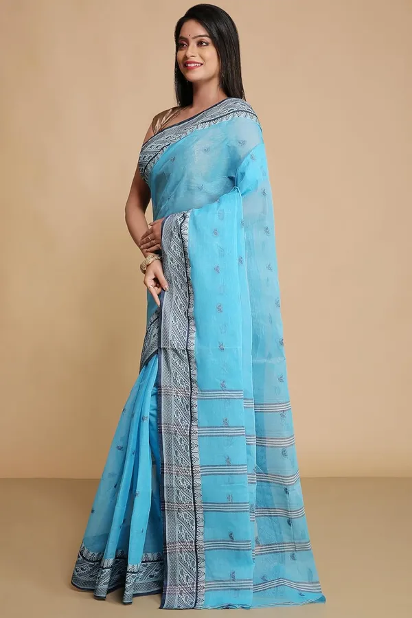 Sky_Blue_Pure_Cotton_Saree_With_All_Over_Leaf_Work_With_Designer_Cotton_Thread_Border_For_Women