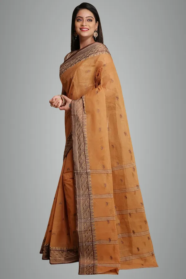 Beige_Pure_Cotton_Saree_With_All_Over_Leaf_Work_With_Designer_Cotton_Thread_Border_For_Women