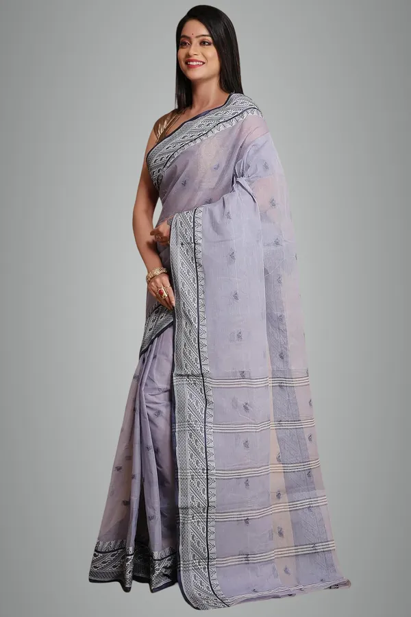 Grey_Pure_Cotton_Saree_With_All_Over_Leaf_Work_With_Designer_Cotton_Thread_Border_For_Women