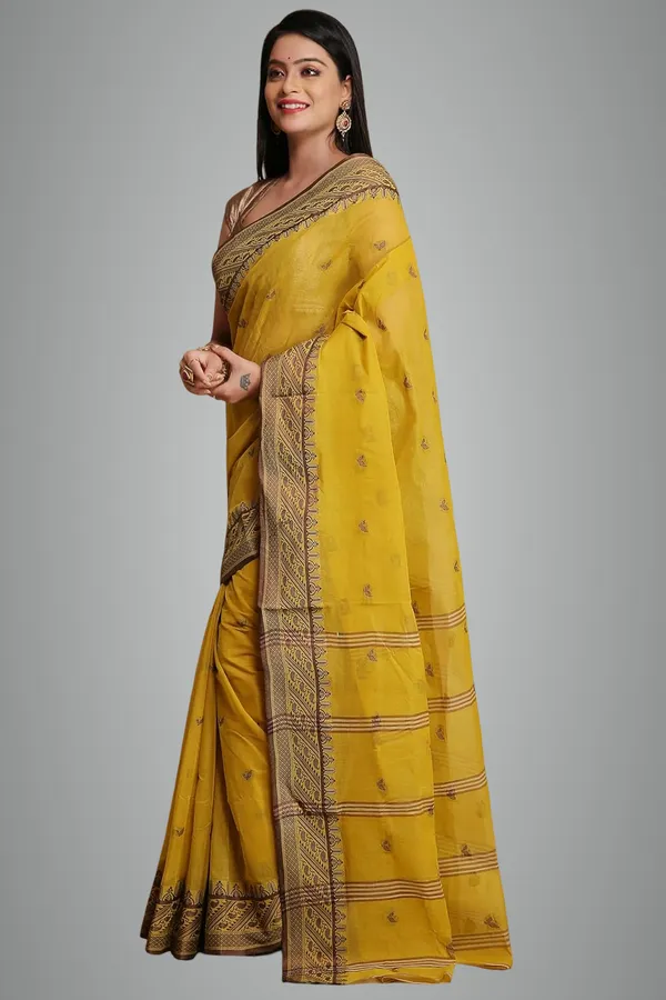 Yellow_Pure_Cotton_Saree_With_All_Over_Leaf_Work_With_Designer_Cotton_Thread_Border_For_Women