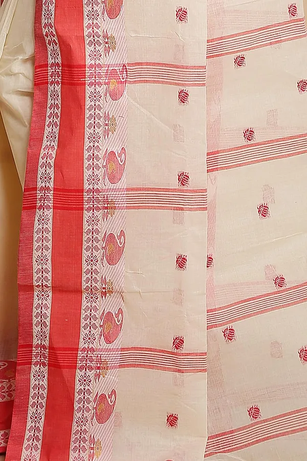 White_&_Red_Pure_Cotton_Saree_With_Designer_Cotton_Thread_Border_For_Women