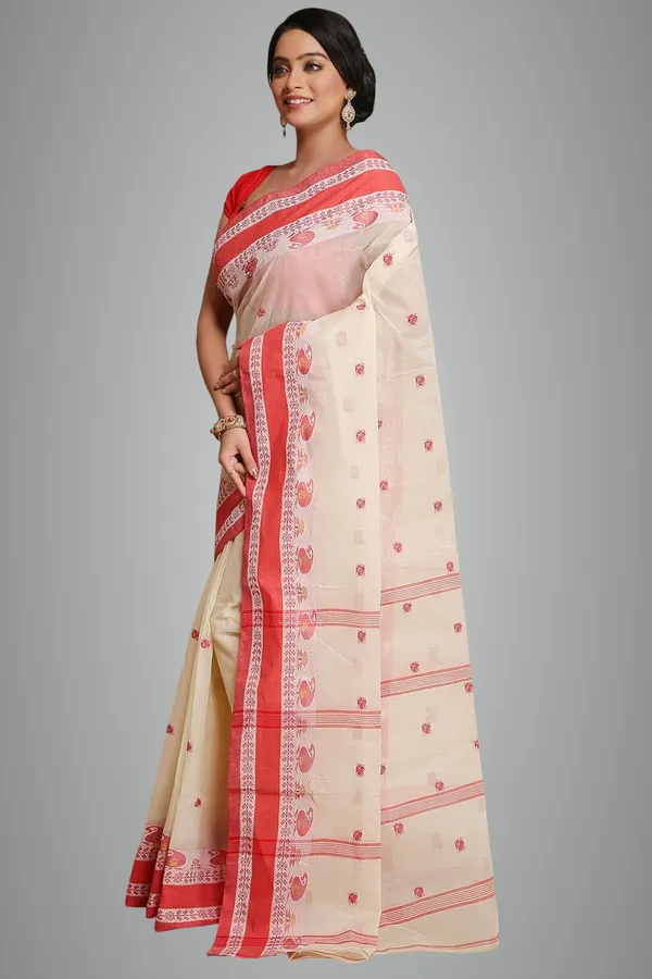 White_&_Red_Pure_Cotton_Saree_With_Designer_Cotton_Thread_Border_For_Women