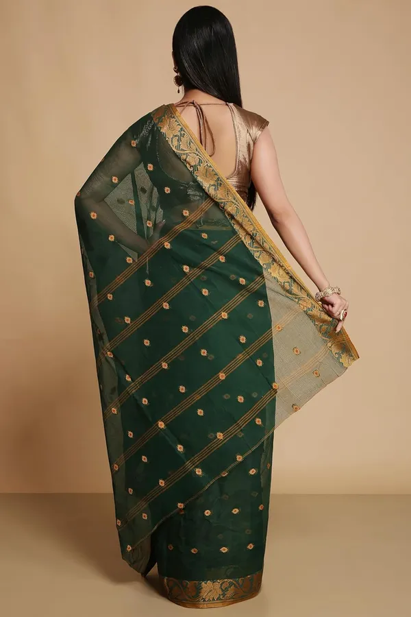 Bottle_Green_Pure_Cotton_Saree_With_Woven_Designer_Thread_Border_For_Women