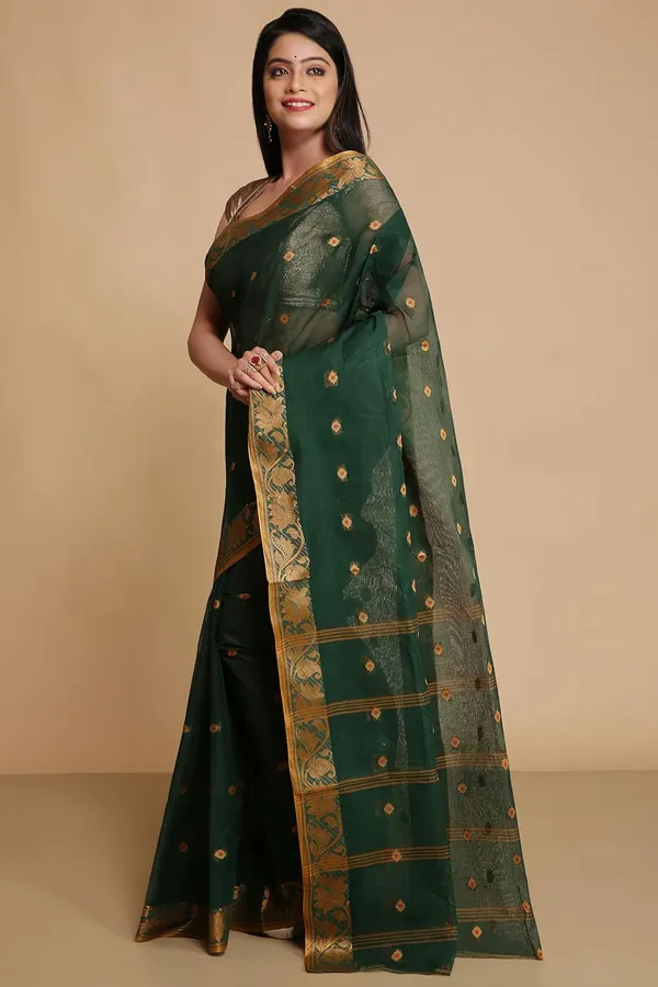 Bottle_Green_Pure_Cotton_Saree_With_Woven_Designer_Thread_Border_For_Women