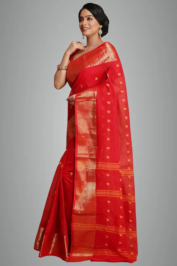 Red_Pure_Cotton_Saree_With_Kalka_Designer_Zari_Thread_Border_For_Women