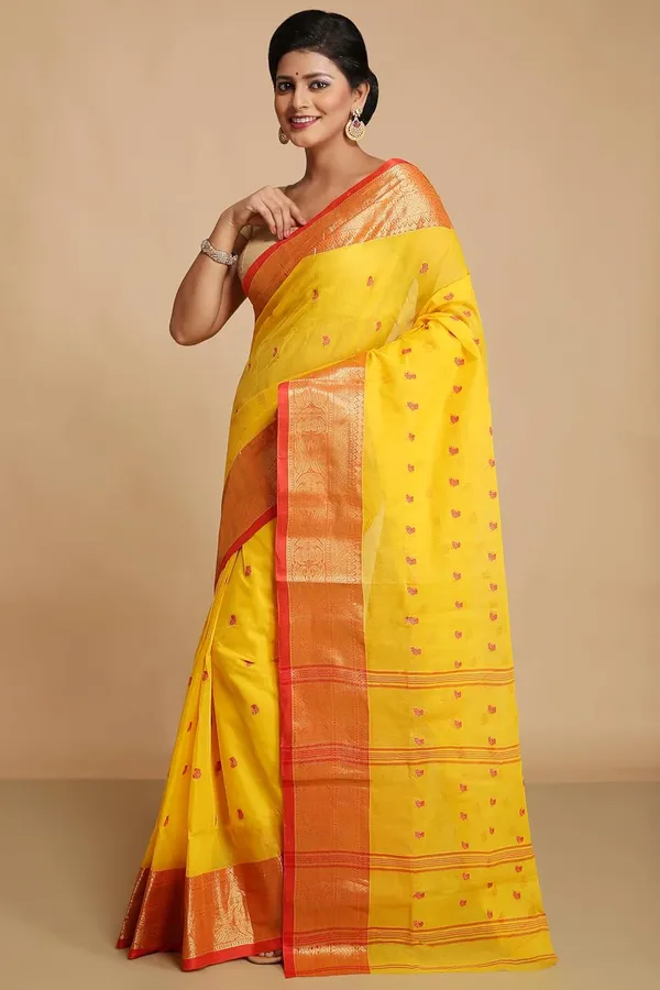 Yellow_Pure_Cotton_Saree_With_Kalka_Designer_Zari_Thread_Border_For_Women