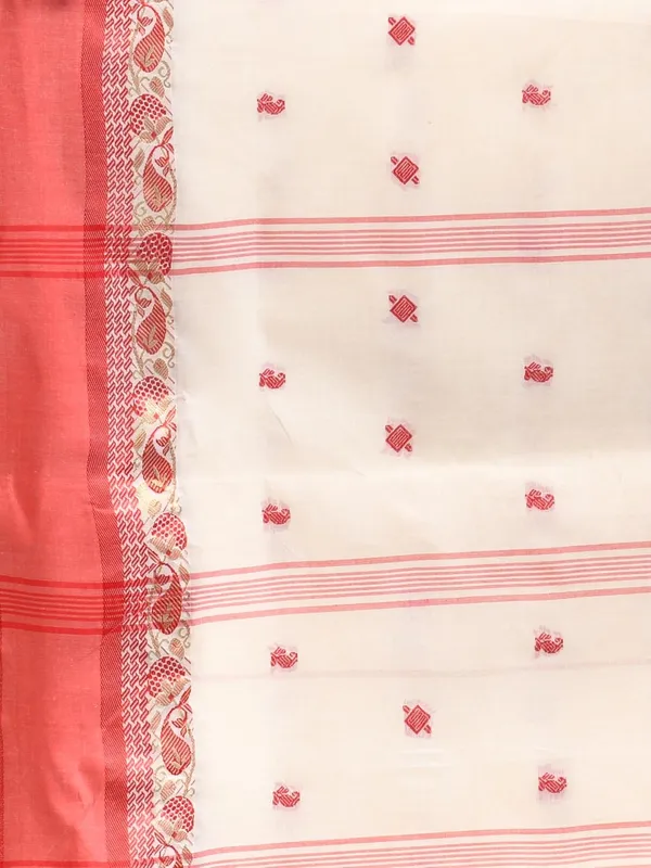 White_&_Red_Pure_Cotton_Saree_Color_With_Solid_Border_With_Starch_For_Women