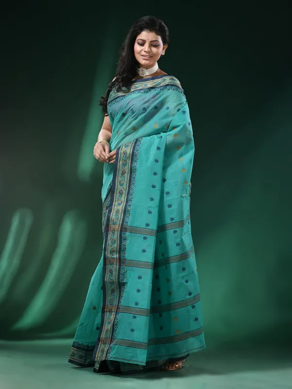 Sea_Green_Pure_Cotton_Saree_With_Designer_Border_With_Starch_For_Women