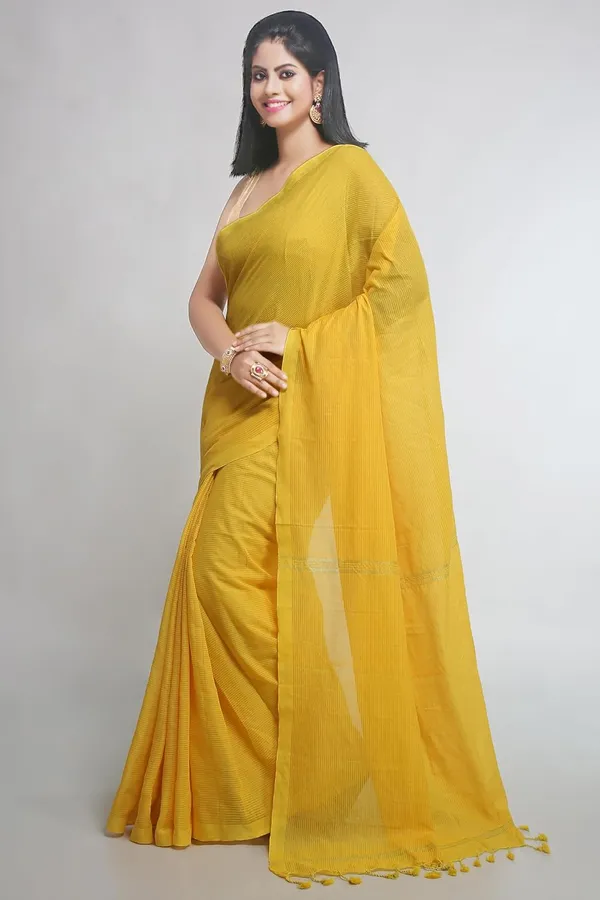 Yellow_Cotton_Saree_With_Allover_Golden_Zari_Stripe_For_Women