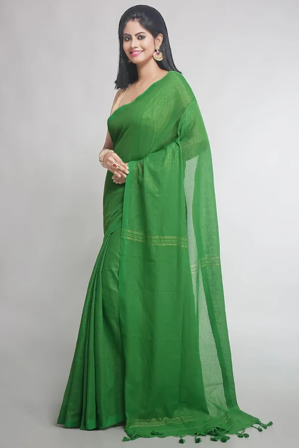 Green_Cotton_Saree_With_Allover_Golden_Zari_Stripe_For_Women
