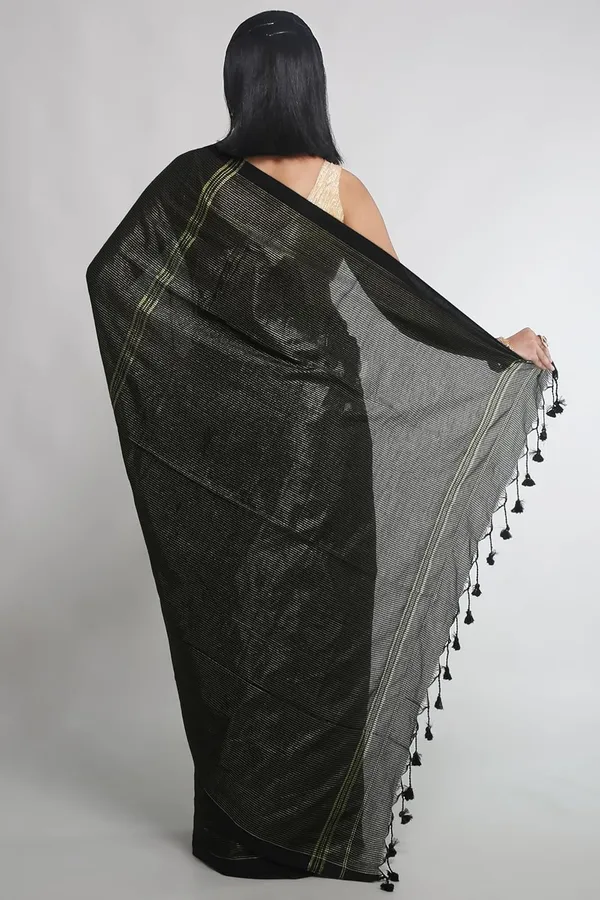 Black_Cotton_Saree_With_Allover_Golden_Zari_Stripe_For_Women