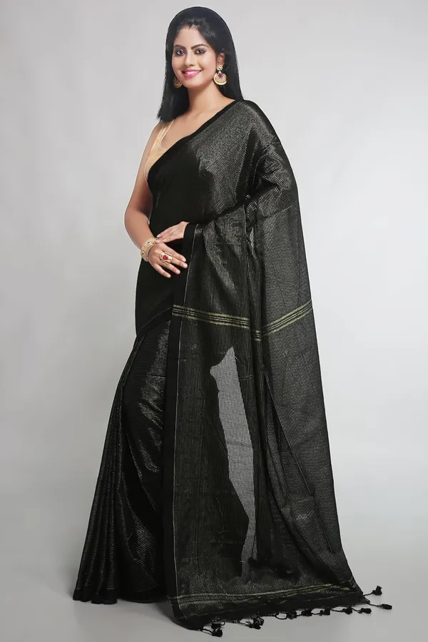 Black_Cotton_Saree_With_Allover_Golden_Zari_Stripe_For_Women
