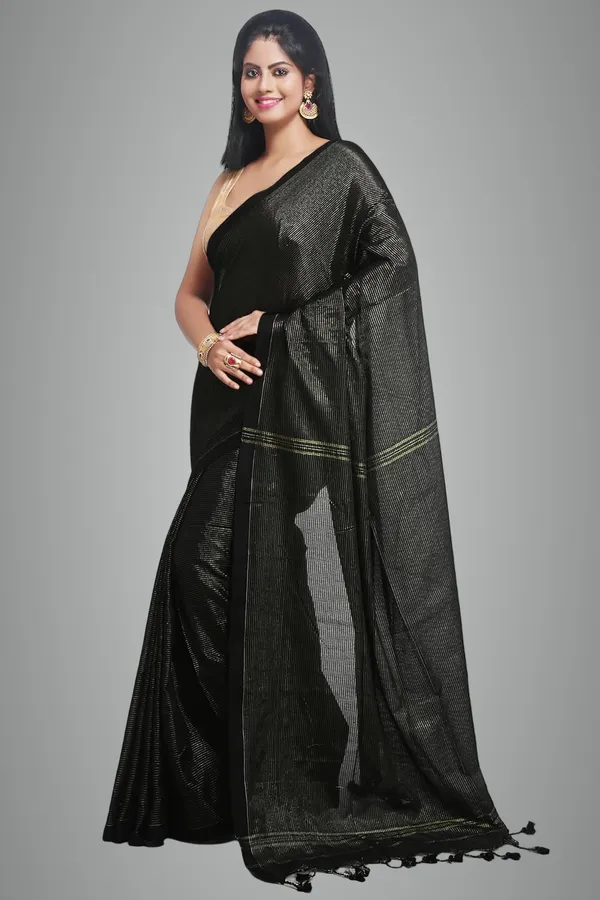 Black_Cotton_Saree_With_Allover_Golden_Zari_Stripe_For_Women