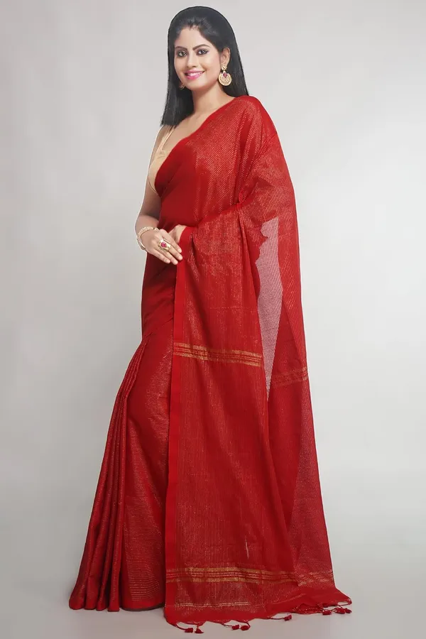 Red_Cotton_Saree_With_Allover_Golden_Zari_Stripe_For_Women