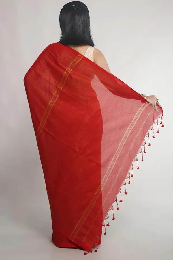Red_Cotton_Saree_With_Allover_Golden_Zari_Stripe_For_Women