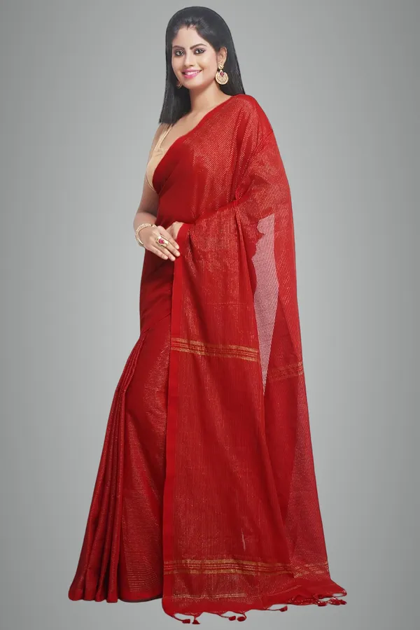 Red_Cotton_Saree_With_Allover_Golden_Zari_Stripe_For_Women