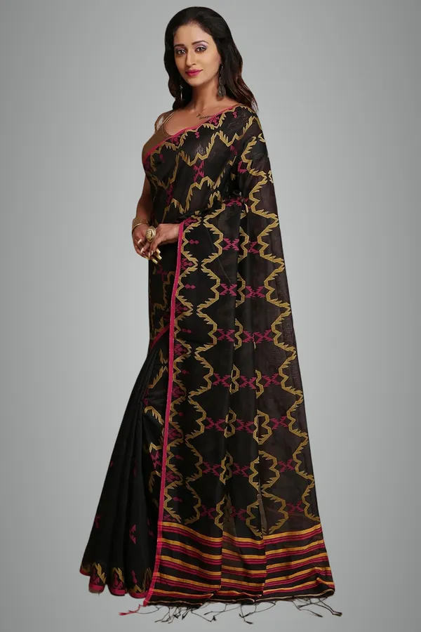 Black_Cotton_Silk_Handloom_Saree_With_Blouse_Piece_For_Women