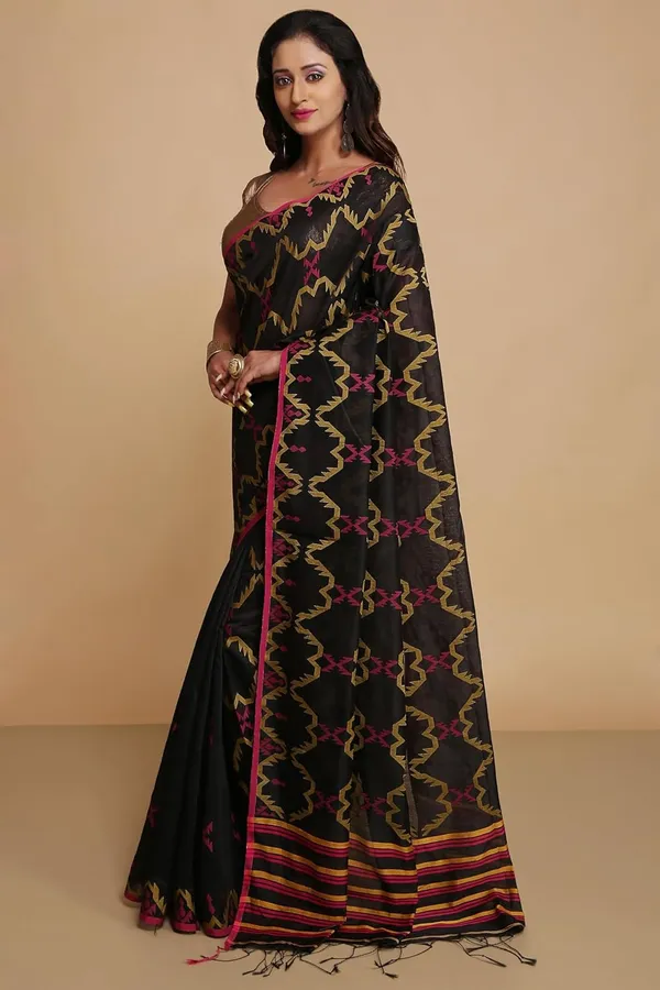 Black_Cotton_Silk_Handloom_Saree_With_Blouse_Piece_For_Women