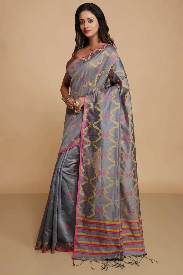 Grey_Cotton_Silk_Handloom_Saree_With_Blouse_Piece_For_Women