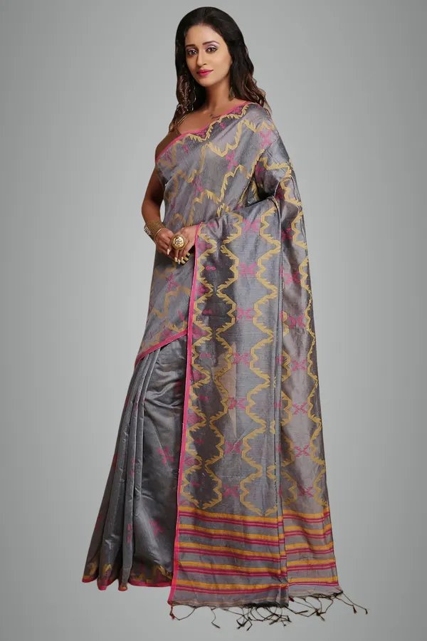 Grey_Cotton_Silk_Handloom_Saree_With_Blouse_Piece_For_Women