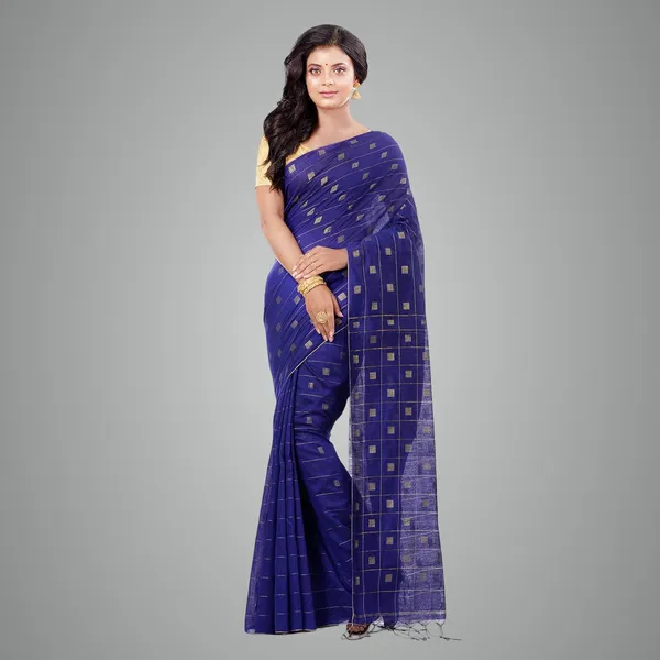 Dark_Blue_Handloom_Cotton_Silk_Saree_With_All_Over_Zari_Work_With_Blouse_Piece_For_Women
