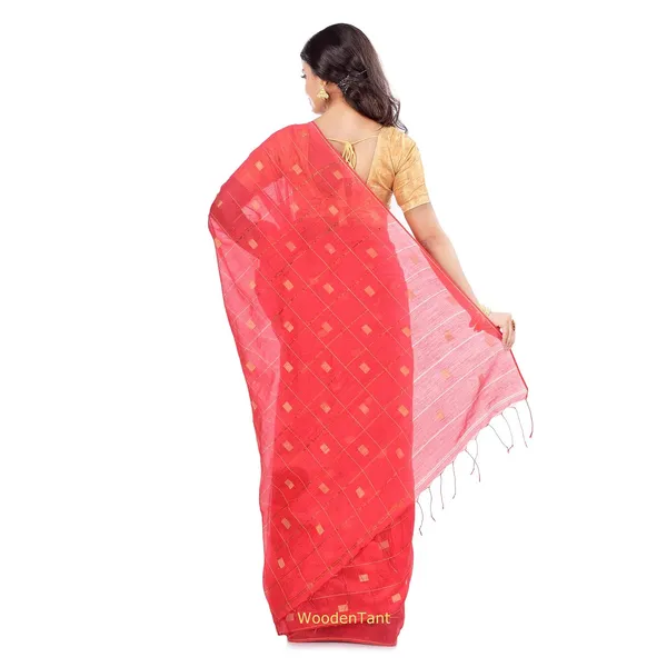 Orange_Handloom_Cotton_Silk_Saree_With_All_Over_Zari_Work_With_Blouse_Piece_For_Women