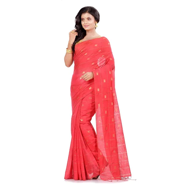 Orange_Handloom_Cotton_Silk_Saree_With_All_Over_Zari_Work_With_Blouse_Piece_For_Women