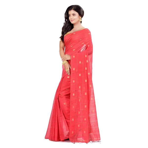 Orange_Handloom_Cotton_Silk_Saree_With_All_Over_Zari_Work_With_Blouse_Piece_For_Women