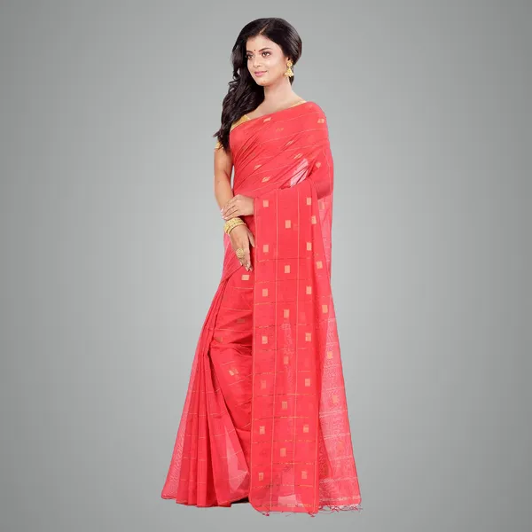 Orange_Handloom_Cotton_Silk_Saree_With_All_Over_Zari_Work_With_Blouse_Piece_For_Women