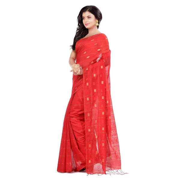 Red_Handloom_Cotton_Silk_Saree_With_All_Over_Zari_Work_With_Blouse_Piece_For_Women