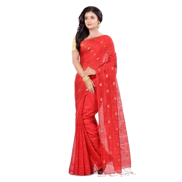 Red_Handloom_Cotton_Silk_Saree_With_All_Over_Zari_Work_With_Blouse_Piece_For_Women