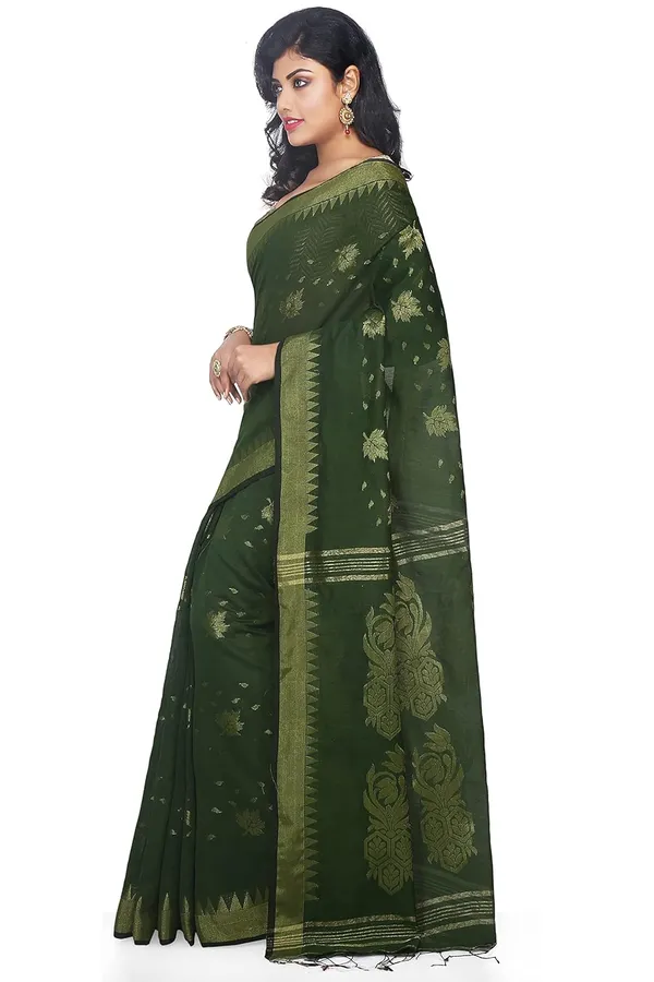 Dark_Green_Handloom_Cotton_Silk_Saree_With_Blouse_Piece_For_Women