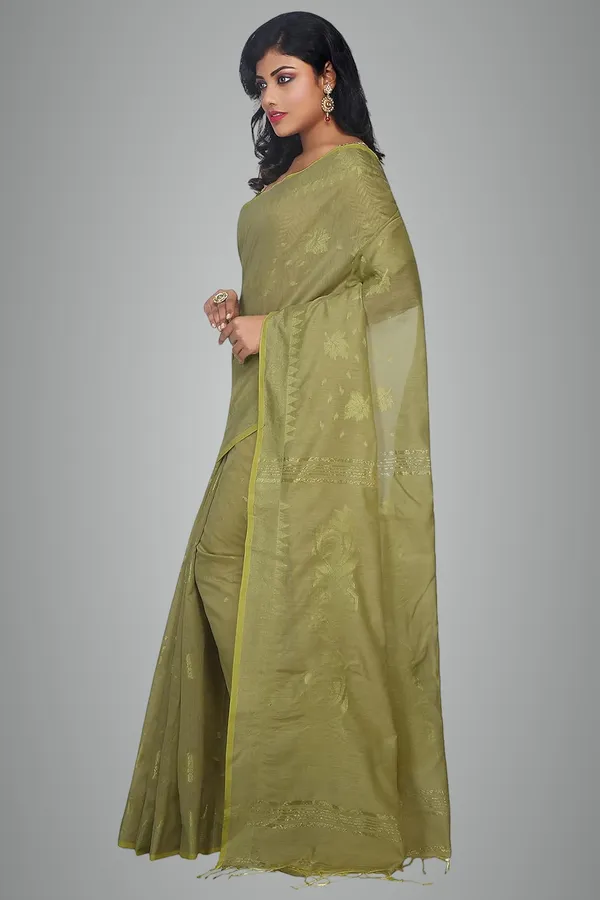 Green_Handloom_Cotton_Silk_Saree_With_Blouse_Piece_For_Women