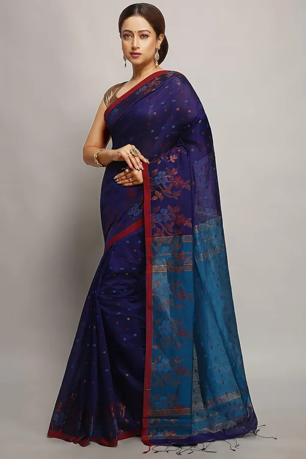Royal_Blue_&_Aqua_Blue_Cotton_Silk_Handloom_Saree_With_Copper_Zari_Floral_Border_Work_For_Women