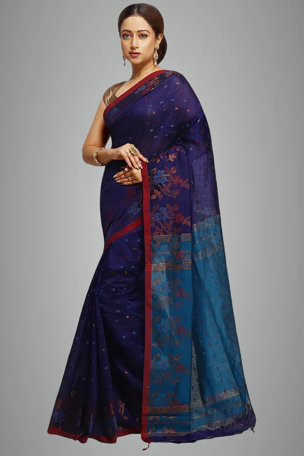 Royal_Blue_&_Aqua_Blue_Cotton_Silk_Handloom_Saree_With_Copper_Zari_Floral_Border_Work_For_Women